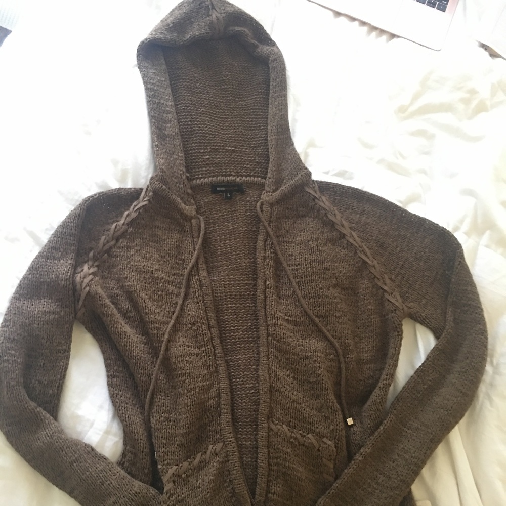 Dark Brown BCBG Knitted Hooded zip up sweater